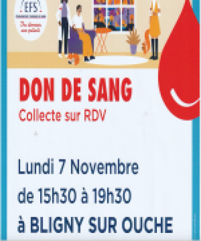 don du sang le 07 novembre à Bligny sur Ouche 